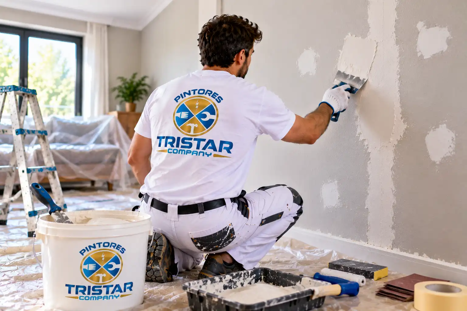 Pintor de Tristar Company aplicando masilla en una pared para reparar y alisar la superficie antes de pintar