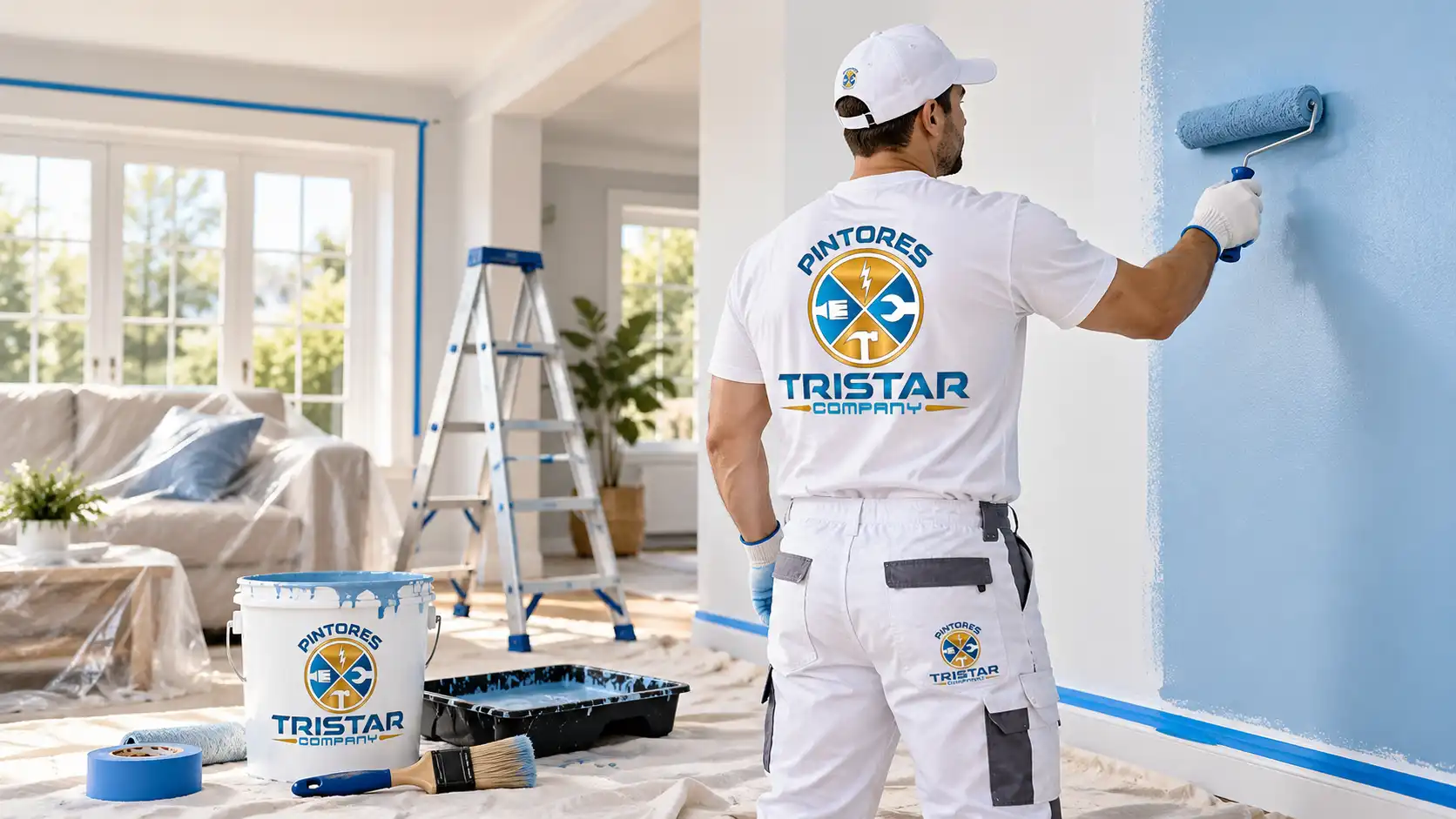 Pintor profesional de Pintores Tristar Company pintando una vivienda paso a paso