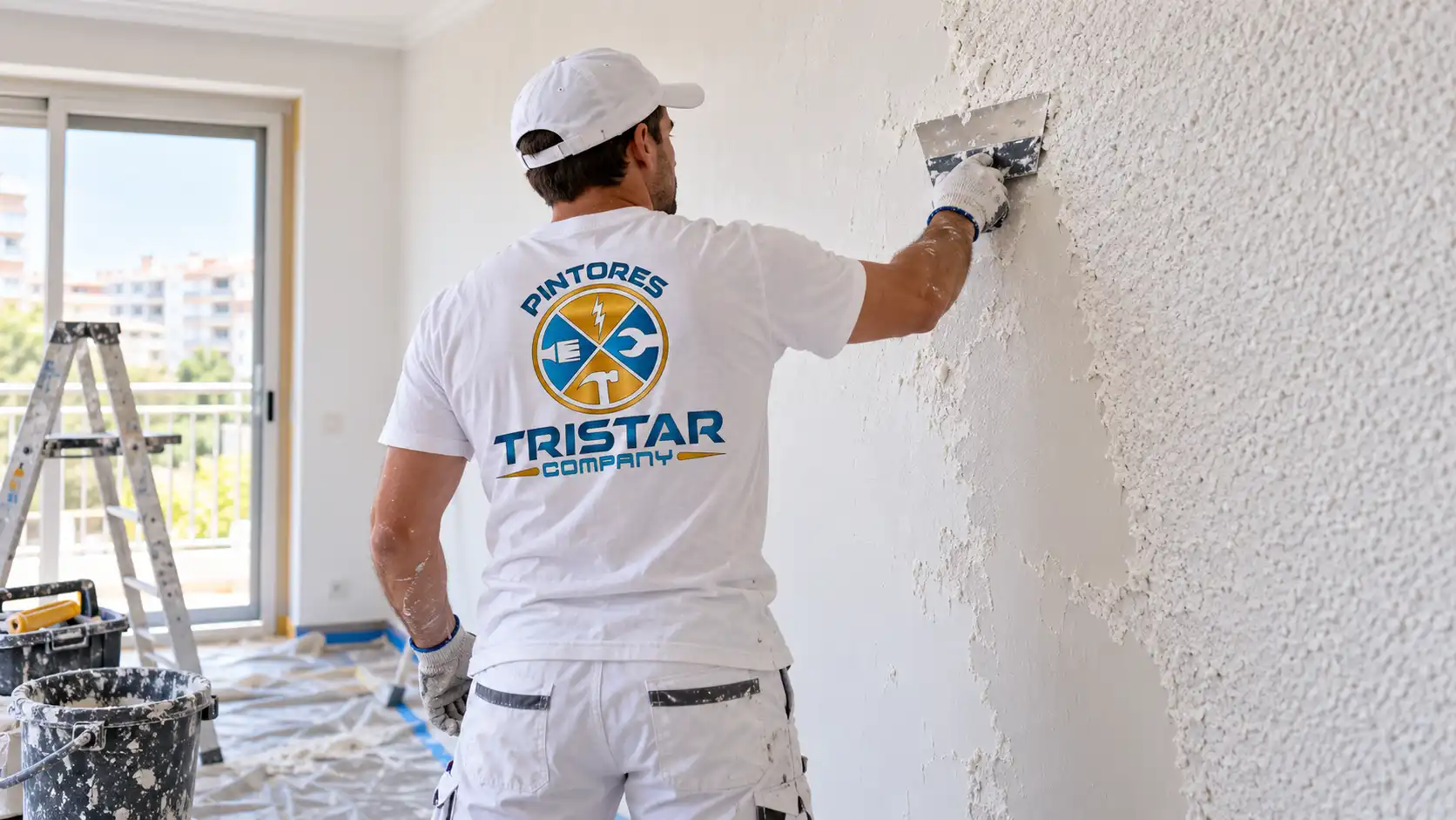 Pintor profesional de Tristar Company eliminando gotelé y alisando una pared interior