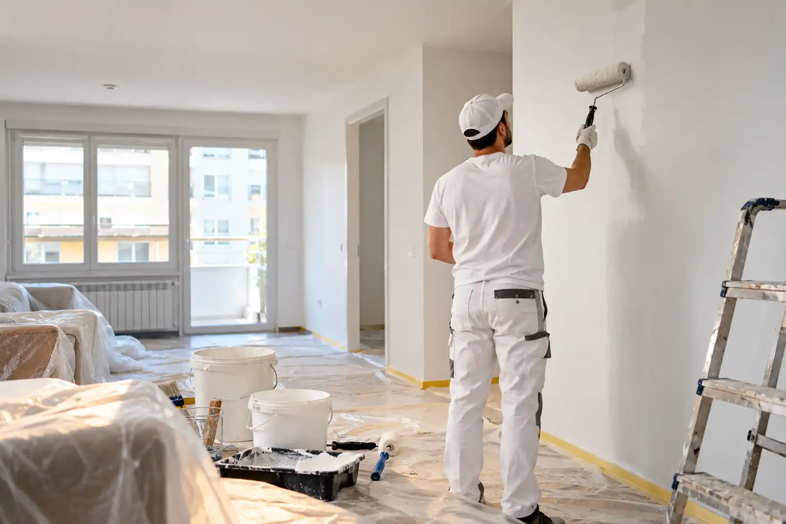 Pintor profesional pintando un piso mientras se calculan costes de pintura y mano de obra