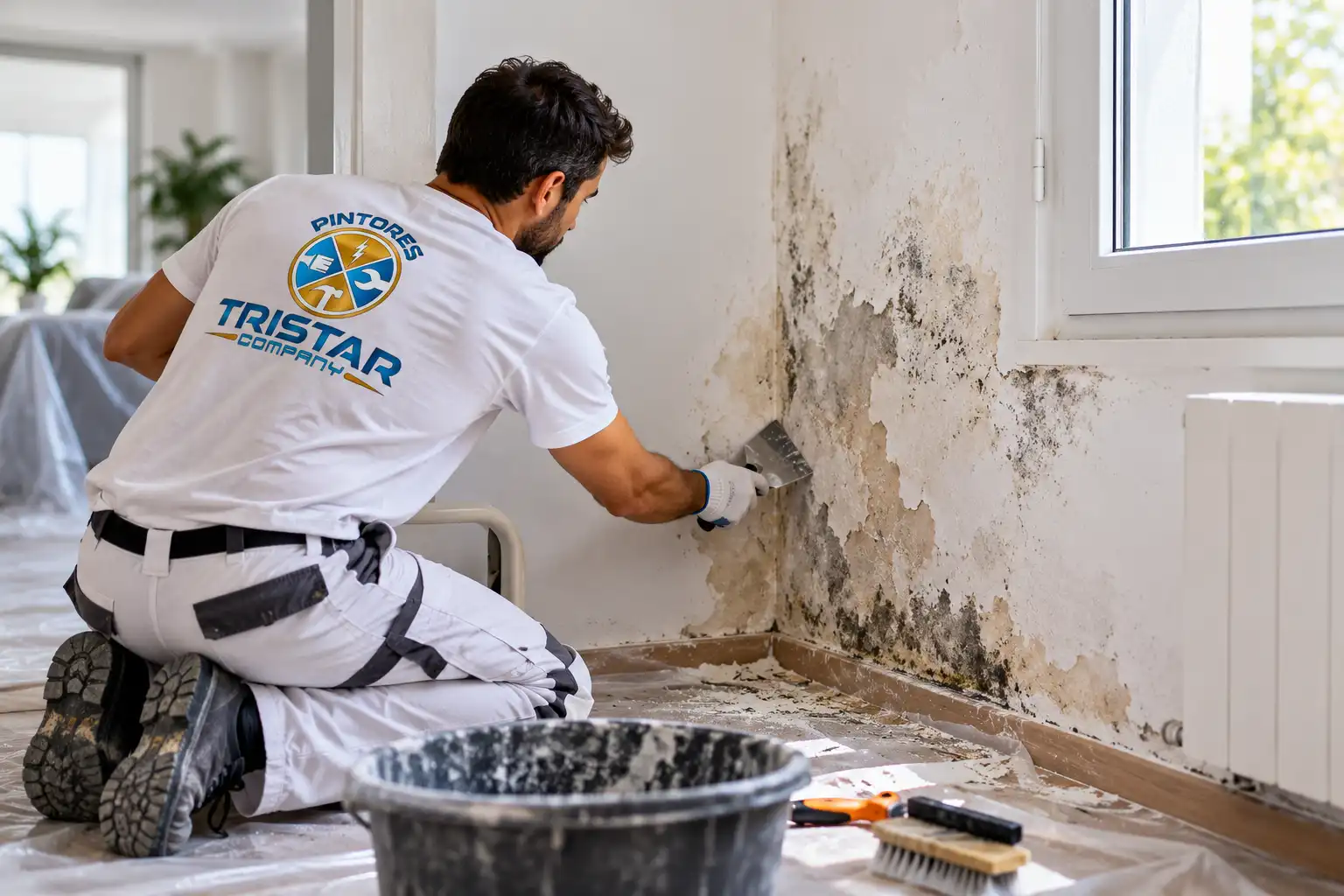 Pintor profesional de Tristar Company reparando una pared con humedad y moho antes de pintar