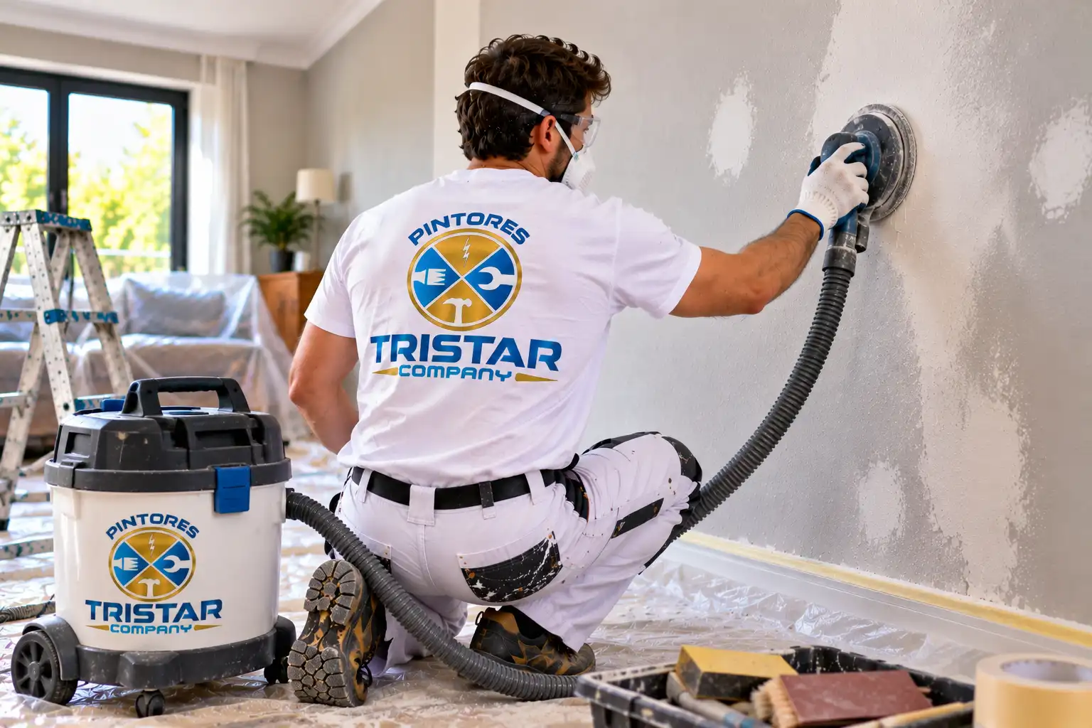 Pintor de Tristar Company lijando una pared con aspiración antes de aplicar pintura