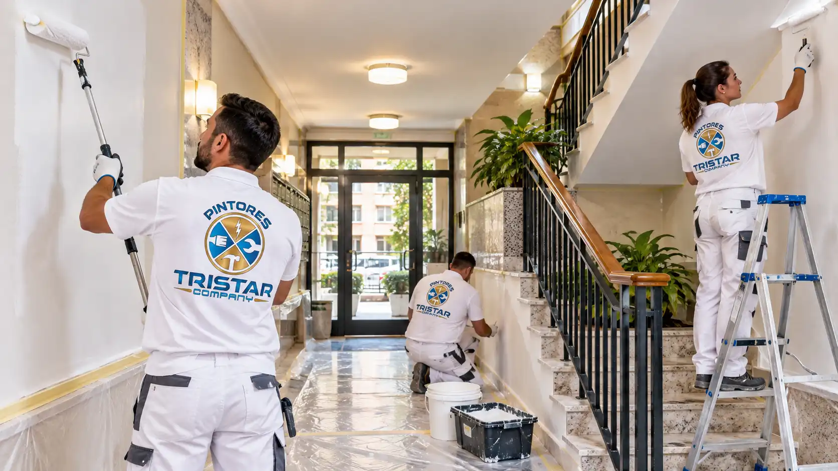 Pintores de comunidades en Zaragoza renovando un portal y zonas comunes con uniforme de Pintores Tristar Company