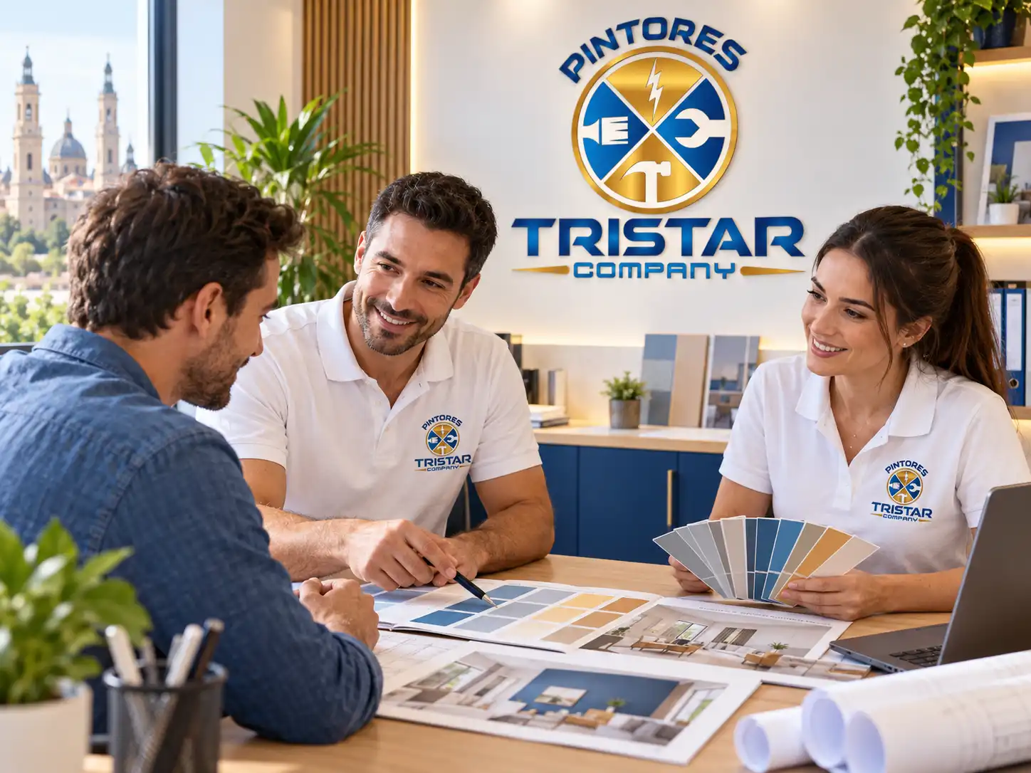 Equipo de Pintores Tristar Company asesorando a un cliente en Zaragoza sobre colores y acabados de pintura