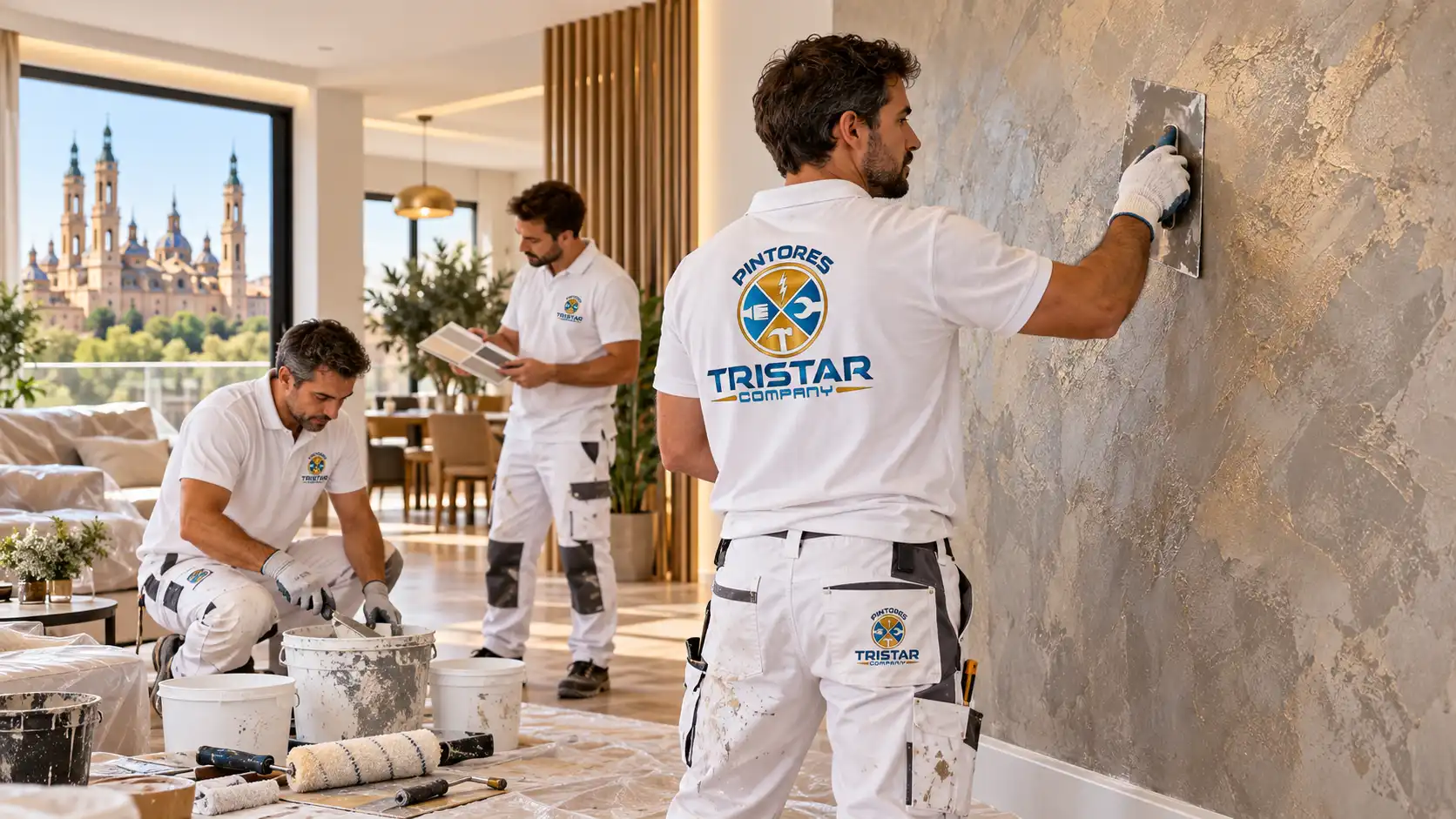 Pintores profesionales aplicando pintura decorativa en Zaragoza en una vivienda con uniforme blanco de Pintores Tristar Company