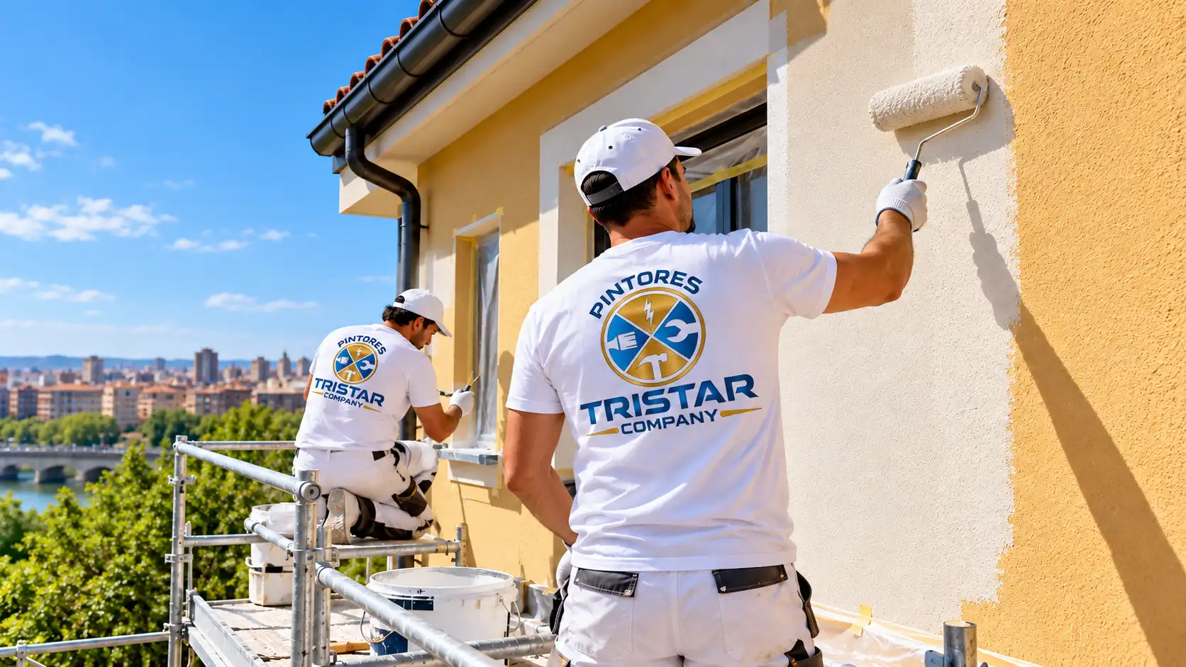 Pintores profesionales realizando pintura exterior en una vivienda de Zaragoza