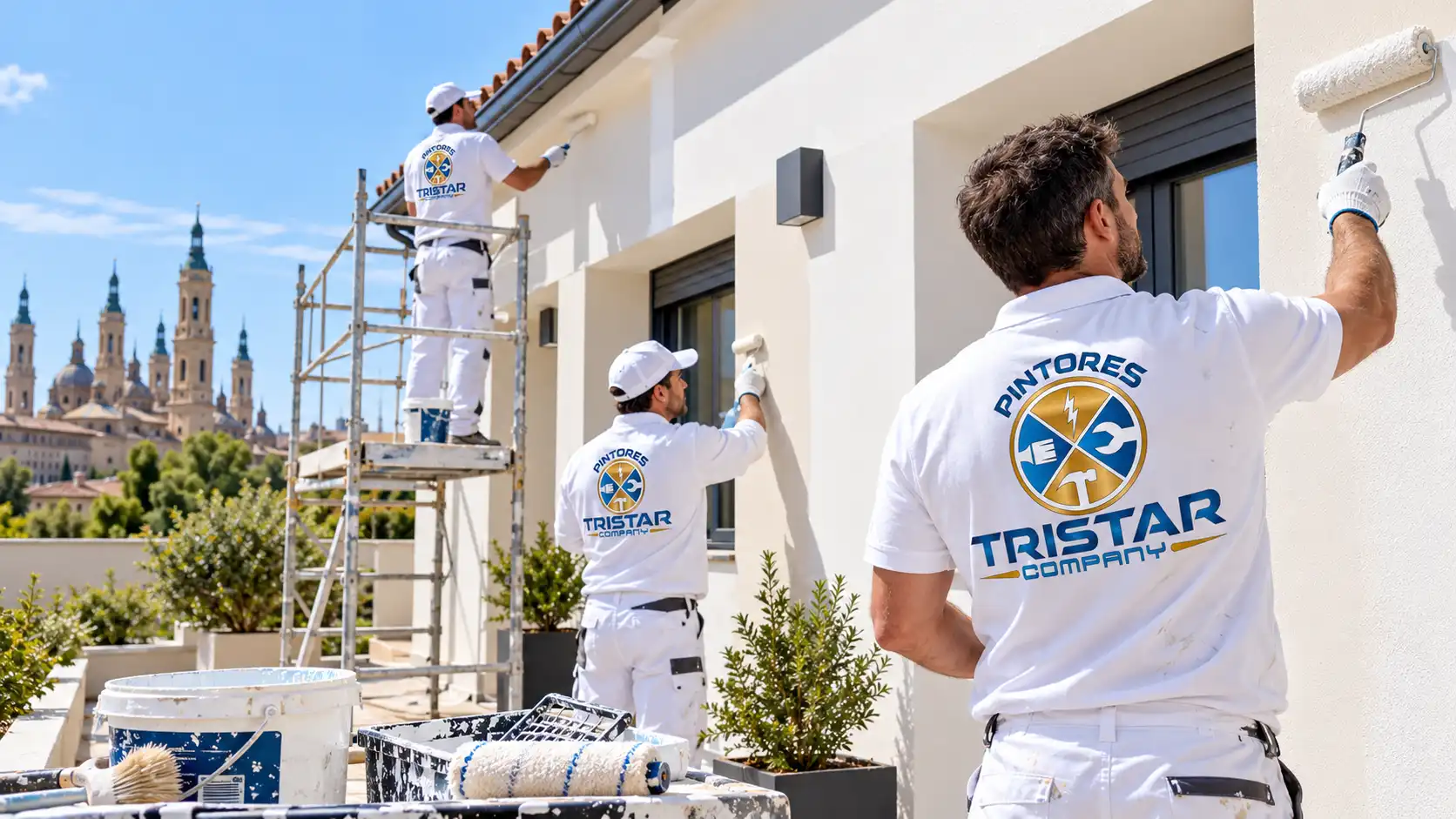 Pintores profesionales realizando pintura de fachadas y exteriores en Zaragoza con uniforme de Pintores Tristar Company