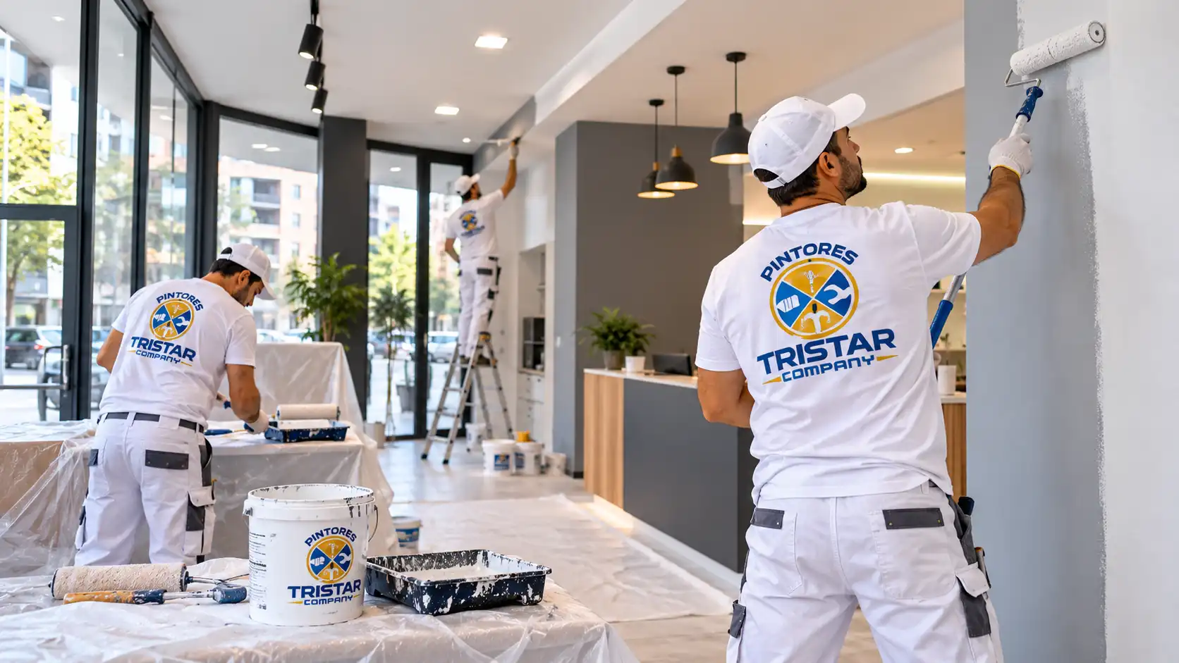 Pintores profesionales realizando pintura de locales comerciales y oficinas en Zaragoza con uniforme de Pintores Tristar Company
