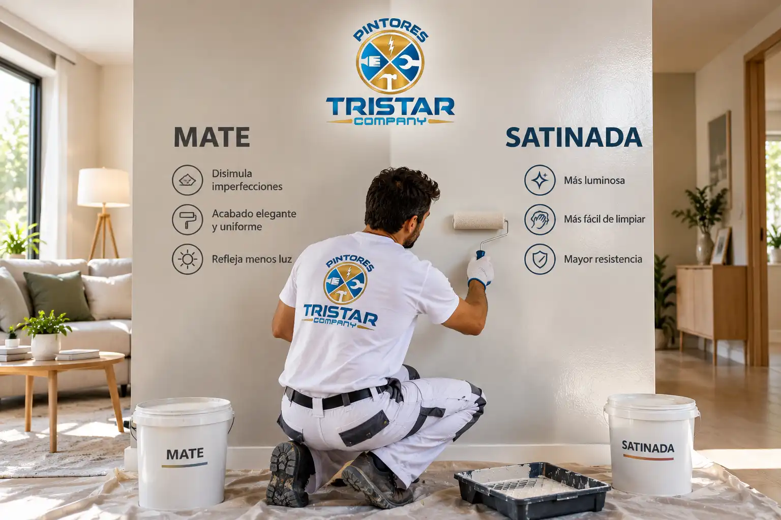 Pintor de Tristar Company comparando pintura mate y satinada en una vivienda