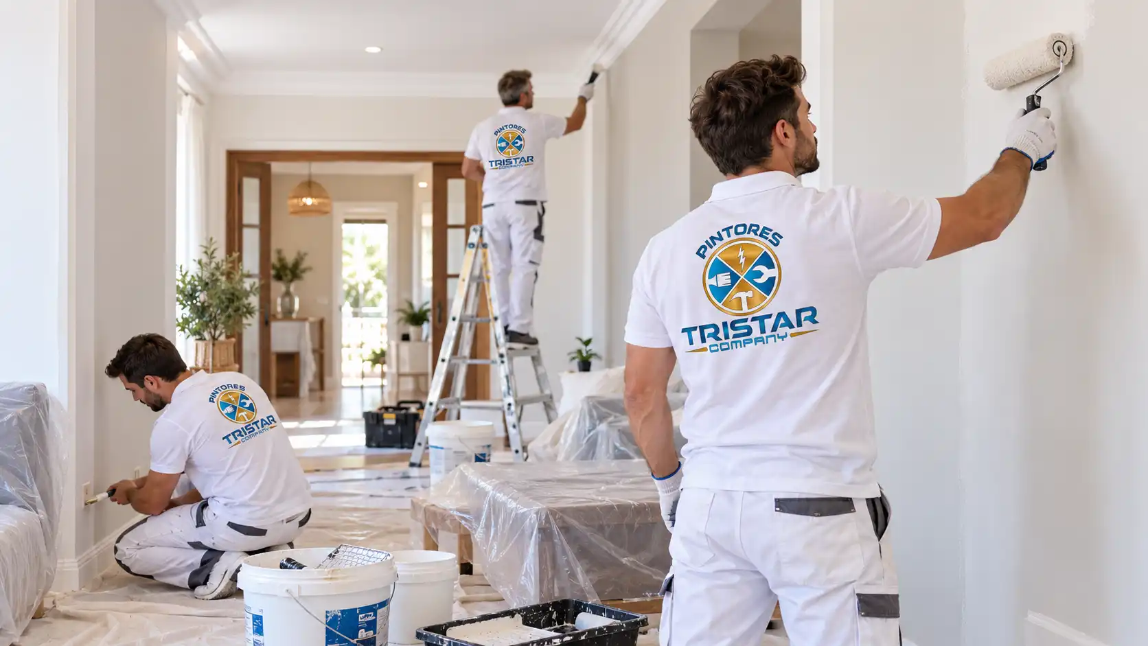 Equipo de pintura de pisos y casas en Zaragoza | Pintores Tristar Company Equipo de pintores de pisos y casas en Zaragoza trabajando en una vivienda con uniforme blanco y logo de Pintores Tristar Company