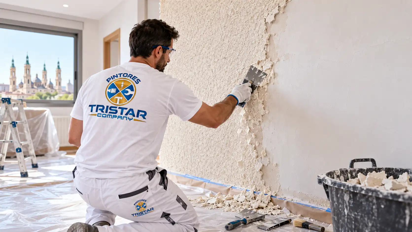 Pintor profesional retirando estucado de una pared en Zaragoza