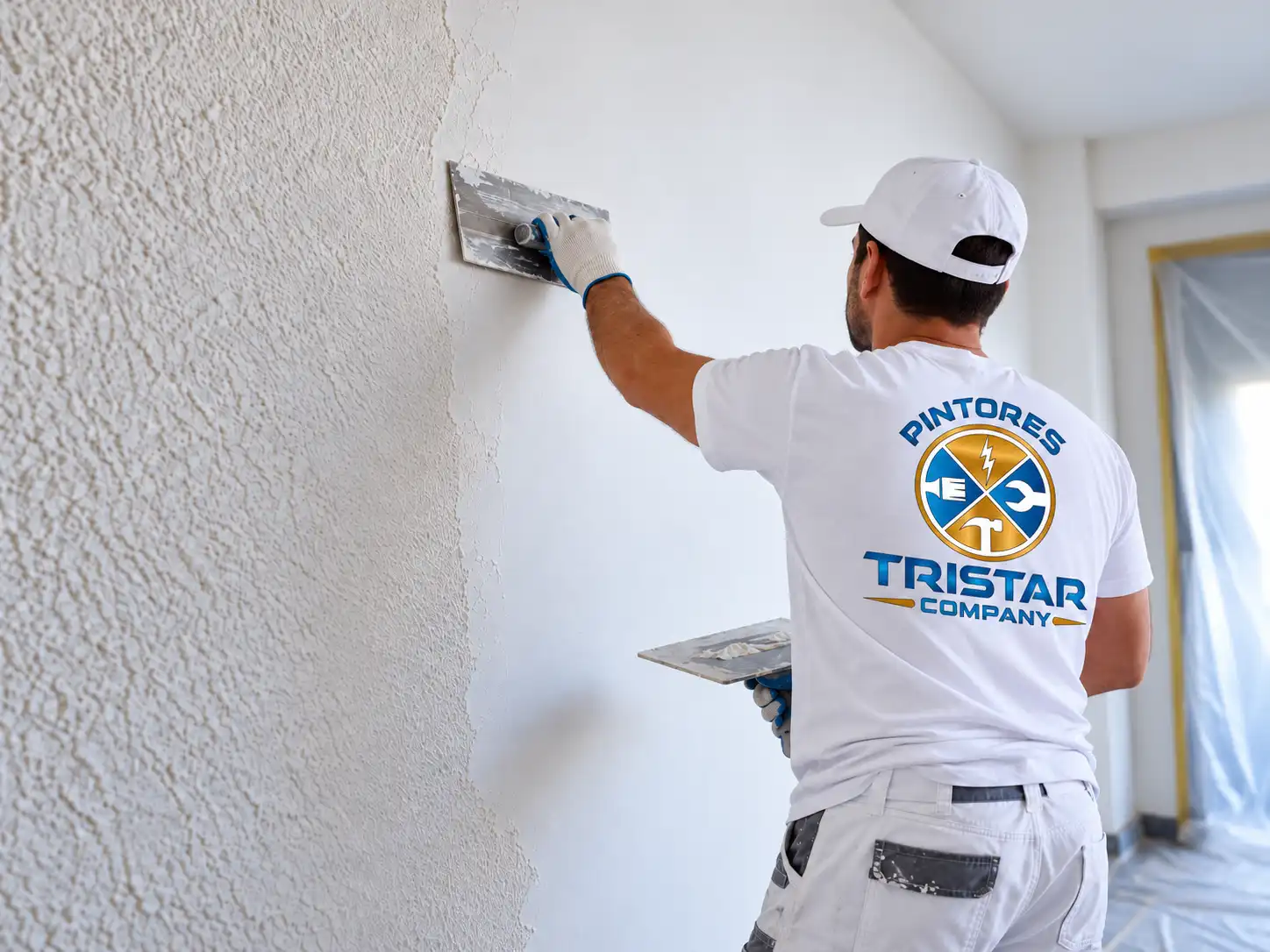 Pintor profesional alisando una pared con gotelé en Zaragoza con uniforme blanco de Pintores Tristar Company